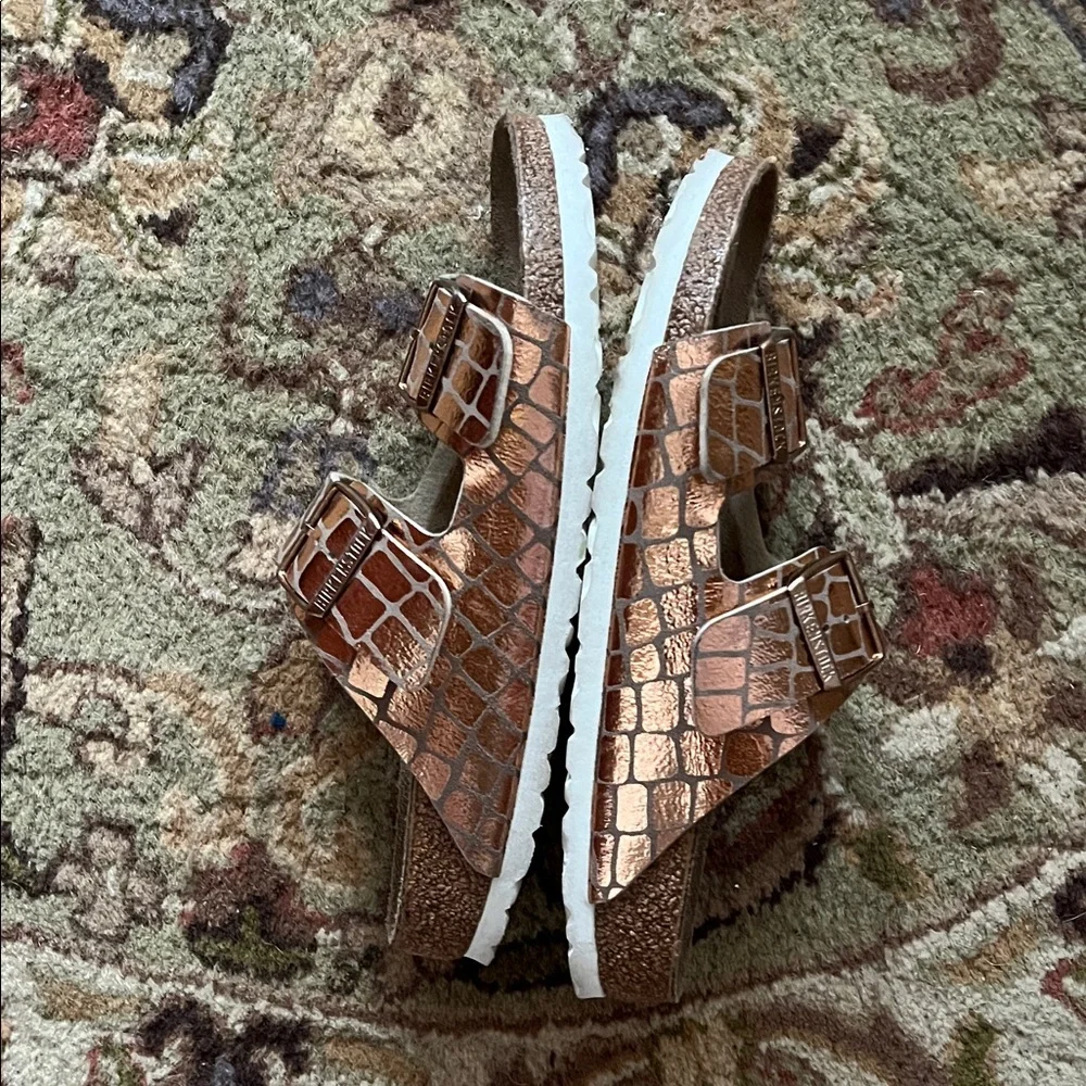 Birkenstock Metallic Copper Croc-Embossed Arizona Sandals